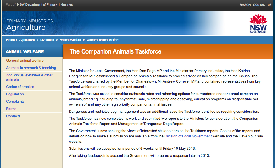 Screenshot from Companion Animal Taskforce