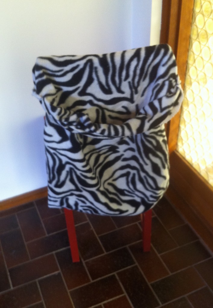 This is a (zebra-print) pillow case that is suspended on the back of a red chair. Inside, is a baby puppy.  This process will help to fix swimmer puppies.